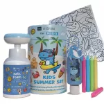 HISKIN_SET Kids Summer Blue vonios losjonas 75ml + skalbimo putos 300ml + pie&scaron;tukai 5vnt + spalvinimo knygelė