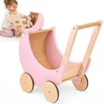 Doll's pram - wooden RETRO pink on large wheels ZA6482