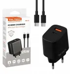 &bdquo;Teltech&ldquo; įkroviklis &bdquo;Teltech&ldquo; USB / Type-C tinklinis įkroviklis, 25 W + Type-C &ndash; Type-C kabelis, 1 m, juodas, TCH-02