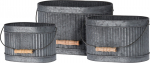 Metalinis lauko vazonas, ovalus, su medine rankena, pilkos sp., 22 x 15 x 15 cm.