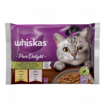 Konservuotas kačių ėdalas WHISKAS Pure Delight, su vi&scaron;tiena ir la&scaron;i&scaron;a, suaugusioms katėms, 4x85 g