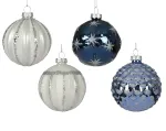Stiklinis kalėdinis eglės žaisliukas BAUBLE, 4 rū&scaron;ių, mėlynos/baltos sp., 8 cm, 1 vnt