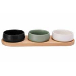 Keramikiniai užkandžiams su mediniu padėklu ROUND FOREST, 9,5 x 3,5 cm, 3 vnt