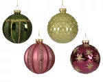 Stiklinis kalėdinis eglės žaisliukas BAUBLE, 4 rū&scaron;ių, rožinės/žalsvos sp., 8 cm, 1 vnt