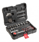 Antgalių ir galvučių rinkinys su tek&scaron;kle TOP TOOLS, 3/8", su atsuktuvu, terk&scaron;le ir raktais, 63 vnt.