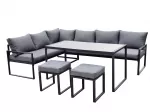 Lauko baldų komplektas LEIPCIG, 3 vietų kampinė sofa, 3 vietų sofa, stalas ir taburetės