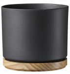 Keraminis vazonas OSLO su mediniu padėkliuku, matinės antracito sp., 22 x 20 cm