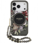 Juodas dėklas Apple iPhone 17 Pro telefonui "Guess IML Flowers Strap MagSafe Case"