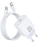 Baltas 30W GaN 1xUSB-C pakrovėjas + 100c, USB-C - USB-C laidas "Remax RP-U71"