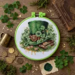 Siuvinėjimo kryželiu rinkinys su lankeliu &bdquo;Leprekono skrybėlė&ldquo; 15x15 cm