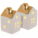 Dolomito kalėdiniai nameliai su LED ap&scaron;vietimu, balti su auksiniu stogu, 2 vnt.