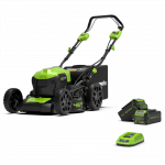 Greenworks savaeigė vejapjovė GD40LM46SPK4x / 40V, 46cm be&scaron;epetėliniu varikliu su 2-4Ah akumuliatoriais ir universaliu krovikliu