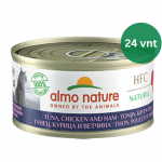 Almo Nature HFC Tuna, Chicken & Ham tunas, vi&scaron;tiena ir kumpis kons. katėms 24x70g
