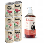 Wild Farm Pate Beef 6x400g ėdalas &scaron;unims be glitimo + LAB V La&scaron;i&scaron;ų aliejus &scaron;unims ir katėms 1000ml