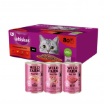 WHISKAS Adult paketėliai 80 x 85 g Classic Meals - drėgnas maistas suaugusioms katėms, su padažu (su jautiena, vi&scaron;tiena, ėriena, pauk&scaron;tiena) + WILD FARM Pa&scaron;tetas 3x400g