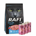 DOLINA NOTECI Rafi Cat sausas kačių maistas su ėriena 7  kg + WILD FARM Pa&scaron;tetas su ėriena 3x400g - ėdalas katėms be glitimo