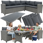 Sodo baldų komplektas, technoratano kampinė sofa + stalas + pagalvės