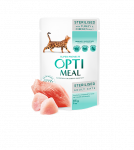Optimeal&trade; VISAVERTIS KONSERVUOTAS ĖDALAS STERILIZUOTOMS KATĖMS IR KASTRUOTIEMS KATINAMS SU KALAKUTIENA IR VI&Scaron;TIENOS FILĖ PADAŽE 0,80g.