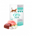 Optimeal&trade; Visavertis konservuotas ėdalas suaugusioms katėms su plaukų sąvėlo pa&scaron;alinimo efektu. Su antiena ir kepenėlių gabaliukais obuolių drebučiuos