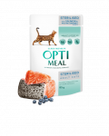Optimeal&trade; Visavertis konservuotas pa&scaron;aras sterilizuotoms katėms ir kastruotiems katinams su la&scaron;i&scaron;a ir mėlynėmis drebučiuose 0,80g.* 12vnt.