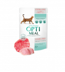 Optimeal&trade; VISAVERTIS KONSERVUOTAS PA&Scaron;ARAS STERILIZUOTOMS KATĖMS IR KASTRUOTIEMS KATINAMS SU JAUTIENA IR KALAKUTIENOS FILĖ DREBUČIUOSE 0,80g.