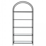 Ekspozicinė prekių vitrina stiklinėmis lentynomis grožio salonams bei kirpykloms, juodo metalo spalvos