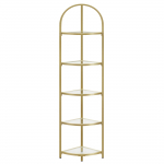 Ekspozicinė prekių vitrina stiklinėmis lentynomis grožio salonams bei kirpykloms, auksinio metalo spalvos