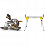 DCS365M2 DeWALT 18V akumuliatorinės skersinio pjovimo staklės + DE7033 kompakti&scaron;kas stalas