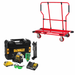 DCE089D1G DeWALT kryžminių linijų lazeris (1x2.0 Ah) + PW1000 gipskartonio plok&scaron;čių vežimėlis