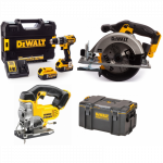 DCD796P2 DeWALT 18V suktuvas &ndash; smūginis gręžtuvas + DCS331N 18V siaurapjūklis + DCS391N 18V diskinis pjūklas + dėžė