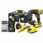 SFMCK101D2T Stanley FATMAX 20 V smūginio gręžtuvo rinkinys su gulsčiuku ir 40 vnt. antgalių 2&times;2.0 Ah