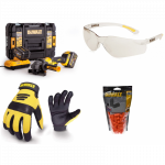 DCG414T2 DeWALT 54V akumuliatorinis kampinis &scaron;lifuoklis + apsauginiai akiniai, pir&scaron;tinės, vienkartiniai ausų ki&scaron;tukai