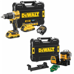 DCD100YD2T DeWALT 18V XR suktuvas &ndash; smūginis gręžtuvas + DCE089NG18 12/18V XR 3x360&deg; lazerinis nivelyras (2x2.0 Ah)