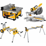 DWE7485 DeWALT i&scaron;ilginio pjovimo staklės + DE7400 stovas + DWS727 skersinio pjovimo staklės + DE7023 stalas