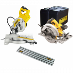 DWS777 DeWALT 216 mm skersinio pjovimo staklės + DWE576K diskinis pjūklas + DWS5022 1.5 m kreipančioji liniuotė