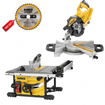 DWS773 DeWALT 216 mm skersinio pjovimo staklės 1300W + DWE7485 i&scaron;ilginio pjovimo staklės 1850W + DOVANA!