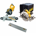 DWS774 DeWALT 216 mm skersavimo pjūklas 1400W + DWE576K diskinis pjūklas + DWS5022 1.5 m kreipančioji liniuotė