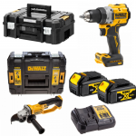 DCD800M2 DeWALT 18V suktuvas-gręžtuvas + DCG412NT DeWALT 18V XR Li-Ion kampinis &scaron;lifuoklis (2x4.0 Ah)