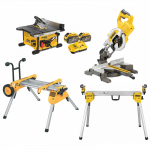 DCS7485X2 DeWALT FLEXVOLT 54V 9.0 Ah i&scaron;ilginio pjovimo staklės + DCS777N FLEXVOLT 54V skersinio pjovimo staklės + stalai