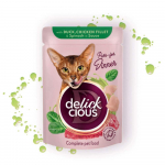 Delickcious konservai katėms su antiena, vi&scaron;tiena ir &scaron;pinatais padaže, 85g