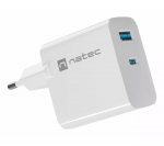 NATEC NUC-2142 belaidis mobiliojo įrenginio įkroviklis, USB-C PD 3.0 + USB-A, 5&ndash;20V iki 3A, 45 W, baltas