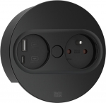 Bachmann TWIST 2 Metallische Abdeckscheibe rund, wei&szlig; matt, &auml;hnlich RAL 9010 30GE seidenmatt, 1xUTE Frankreich Steckdose schwarz mit erh&ouml;htem Ber&uuml;hrungsschutz, 1xUSB A/C 22W Charger, Zuleitung 2,0m H05VV-F3G1,5mm&sup2; schwarz mit Aderendh&uuml;lsen und beigel ...