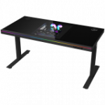 Dual-motor sit/stand adjustable-height gaming desk with built-in PC case, wireless charger, RGB lighting, control panel, and USB ports, tempered glass tabletop, black.