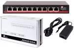 GETFORT GF-210D-8P-120 10 prievadų PoE+ komutatorius su 8 Fast Ethernet PoE prievadais ir 2 Gigabit uplinkais, 120W biudžetas, nevaldomas, skirtas ant stalo arba sienos