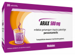 Milteliai geriamajam tirpalui paketėlyje nuo kar&scaron;čiavimo ir skausmo ARAX 500 mg, 20 vnt.