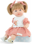 Marina & Pau lėlė kūdikis Alina su languota suknele, kaspinėliais ir aukso spalvos batukais, 45 cm