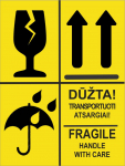 Informacinis lipdukas siunčiamų prekių pakuotės ženklinimui DŪŽTA/FRAGILE, SAUGOTI NUO DRĖGMĖS, NEVARTYTI, 75x100mm, 50 vnt., geltonos sp.