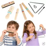 Mediniai muzikos instrumentai vaikams: trikampis, lazdelės, armonikėlė, guiro