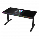 Dual-motor sit/stand adjustable-height gaming desk with built-in PC case, wireless charger, RGB lighting, control panel, and USB ports, tempered glass tabletop, black.
