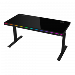 Dual-motor sit/stand adjustable-height gaming desk with wireless charger, RGB lighting, control panel, and USB ports, solid tempered glass tabletop, black.